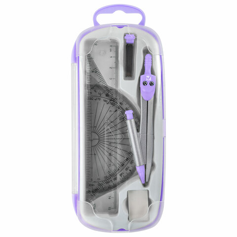 Готовальня BRAUBERG SCHOOL KIT, 9 предметов, циркуль 125 мм, чертежные принадлежности, лаванда