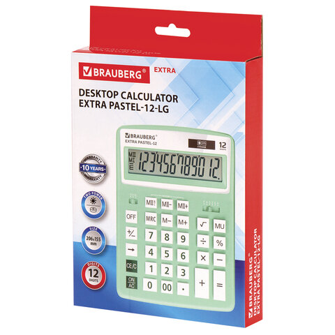 Калькулятор настольный BRAUBERG EXTRA PASTEL-12-LG (206×155 мм), 12 разрядов, двойное питание, МЯТНЫЙ