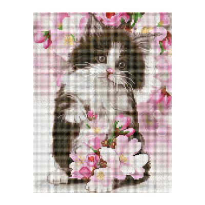 Алмазная мозаика ТРИ СОВЫ «Котенок в цветах», 30×40см, холст на деревянном подрамнике, картонная коробка с пластиковой ручкой