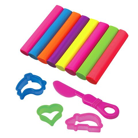 Пластилин BRAUBERG неоновый, 8 цветов, 100 г, стек, 3 формочки, высшее качество,