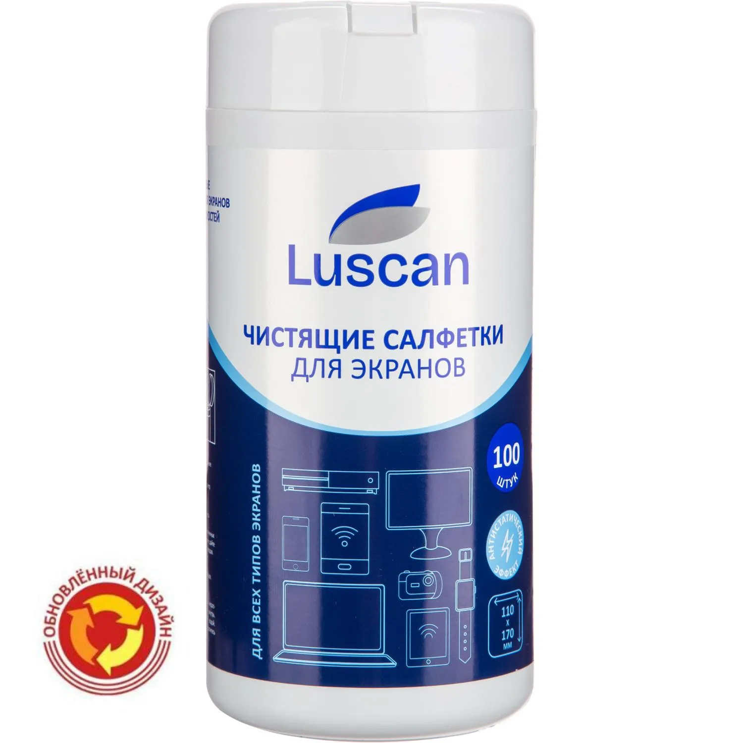 Салфетки влажные для экранов Luscan с антистатическим эффектом 11.2x17 см (100 штук в тубе)