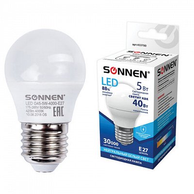 Лампа светодиодная SONNEN, 5 (40) Вт, цоколь E27, шар, холодный белый свет, LED G45-5W-4000-E27