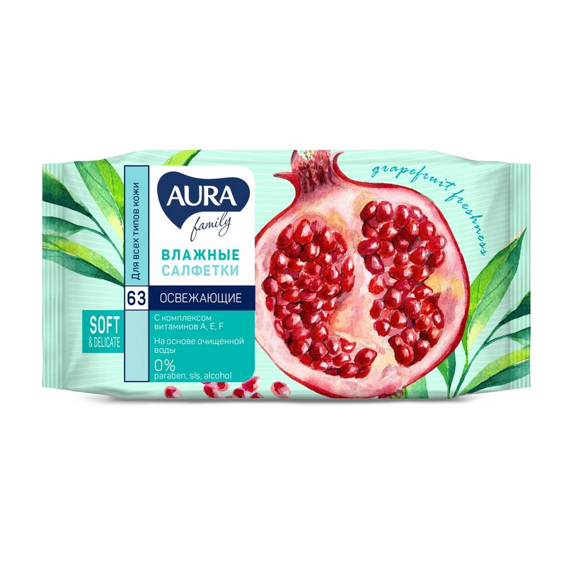 Салфетки влажные AURA, 63 шт., универсальные очищающие, для всей семьи