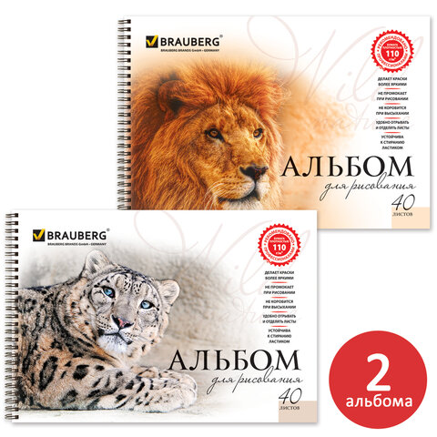 превью Альбомы для рисования А4 40 л., КОМПЛЕКТ 2 шт., гребень, обложка картон, BRAUBERG, 205×290 мм, «Хищники» (2 вида)