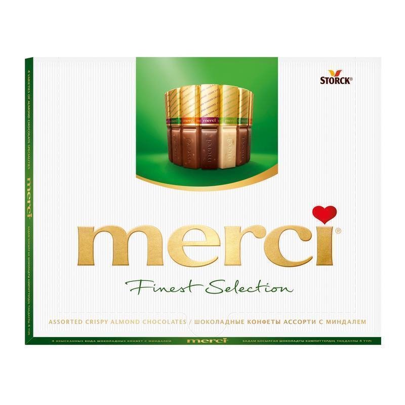 Конфеты шоколадные MERCI,  из шоколада с миндалем, 250 г, картонная коробка