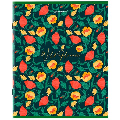 Тетрадь А5, 96 л., BRAUBERG, скоба, клетка, глянцевая ламинация, «Wild Flowers»