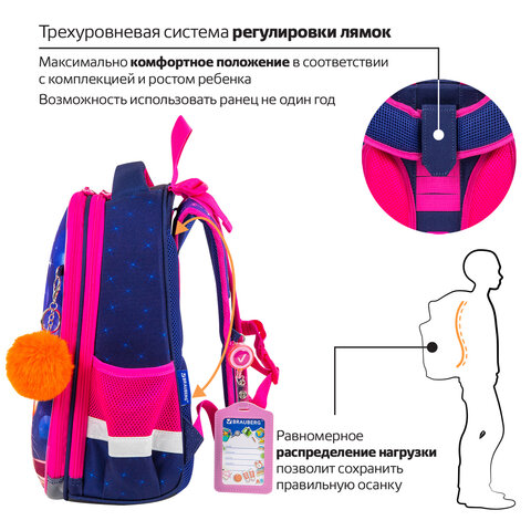 Ранец BRAUBERG PREMIUM, 2 отделения, с брелоком, «Cute fox», LED-ЛАМПОЧКИ, 38×29х16 см