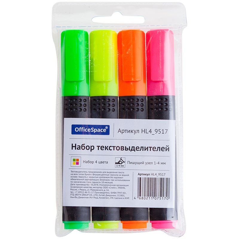 превью Набор текстовыделителей OfficeSpace 4цв., 1-4мм, чехол с европодвесом