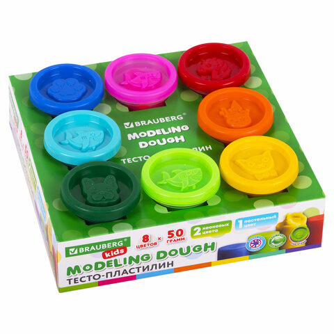 Пластилин-тесто для лепки BRAUBERG KIDS, 8 цветов, 400 г, яркие классические цвета, крышки-штампики