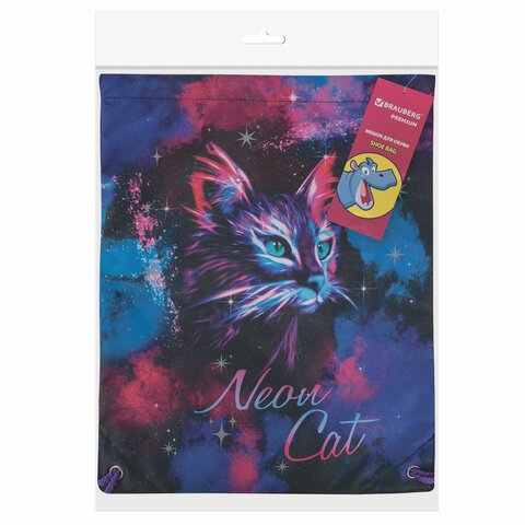 Мешок для обуви BRAUBERG PREMIUM, карман, подкладка, светоотражайка, 43×33 см, «Neon cat»