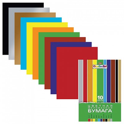 Цветная бумага А4 мелованная, 10 листов 10 цветов, в папке, HATBER «Creative», 195×280 мм, 10Бц4м 05930