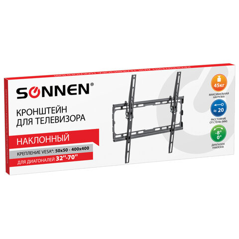 превью Кронштейн-крепление для ТВ настенный, до 45 кг, VESA 75×75-400×400, 32«-70», черный, SONNEN