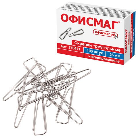 Скрепки ОФИСМАГ, 25 мм, никелированные, треугольные, 100 шт., в картонной коробке