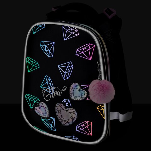 Ранец BRAUBERG LUMINOUS, 2 отделения, с брелоком, «Diamonds», СВЕТЯЩИЙСЯ РИСУНОК, 38×29х16 см