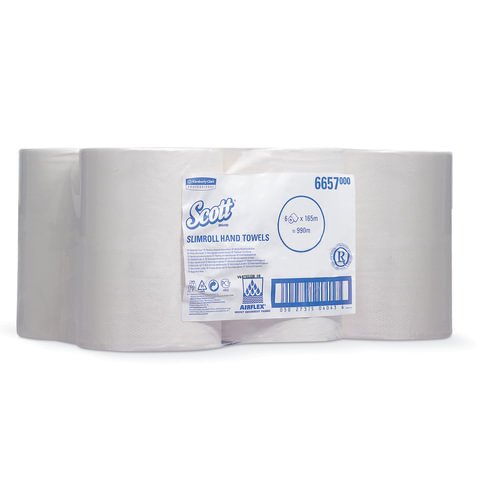 Полотенца бумажные рулонные KIMBERLY-CLARK Scott, КОМПЛЕКТ 6 шт., Slimroll, 165 м, белые, диспенсеры 601536, 601537