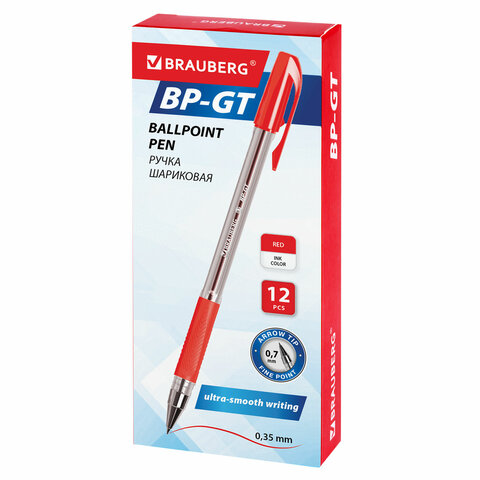Ручка шариковая BRAUBERG «BP-GT», КРАСНАЯ, корпус прозрачный, евронаконечник 0.7 мм, линия письма 0.35 мм