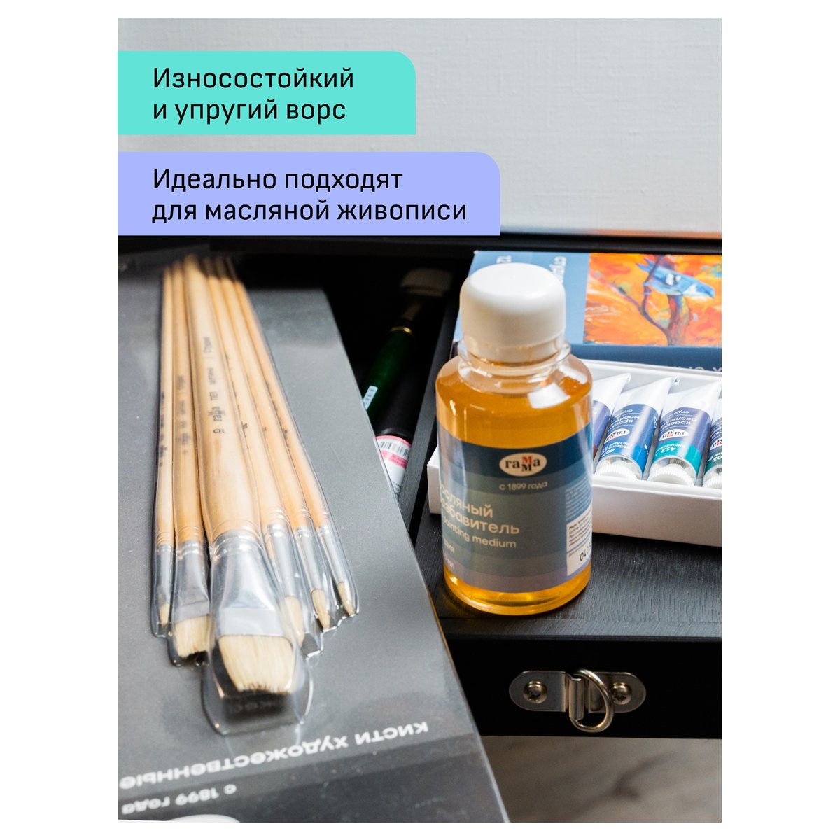 Набор художественных кистей щетина Гамма «Студия», 12шт., плоские №1.2.3.4.5.6.7.8.9.10.11.12