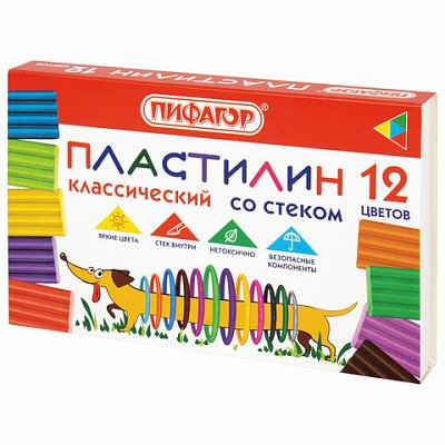 Пластилин классический ПИФАГОР «Веселая такса», 12 цветов, 180 г, СО СТЕКОМ