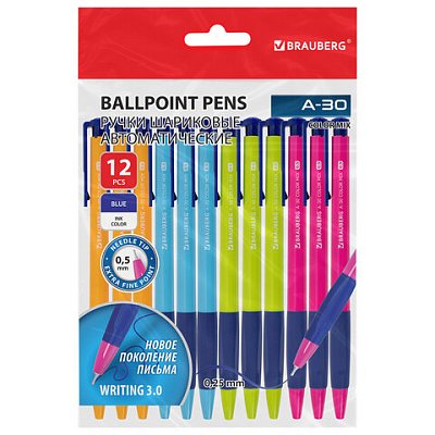 Ручки шариковые автоматические BRAUBERG A-30 COLOR MIX «WRITING 3.0», КОМПЛЕКТ 12 ШТ., СИНИЕ, узел 0.5 мм, линия 0.25 мм