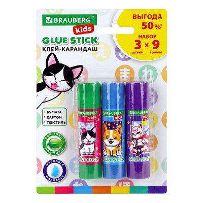 Клей-карандаш «Anime» 9 г, ВЫГОДНАЯ УПАКОВКА, BRAUBERG KIDS, 3 штуки на блистере