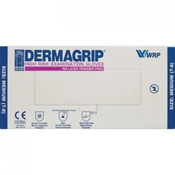 превью Перчатки медицинские КЩС смотровые Dermagrip High Risk латексные неопудренные удлинённые голубые (размер M, 50 штук/25 пар в упаковке)