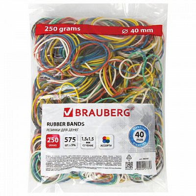 Резинки банковские универсальные диаметром 40 мм, BRAUBERG 250 г, цветные, натуральный каучук