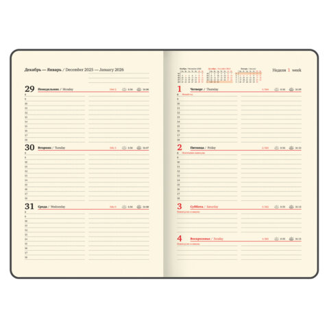 Еженедельник датированный 2026 А5 145×215 мм, BRAUBERG «Augustus», под кожу, красный