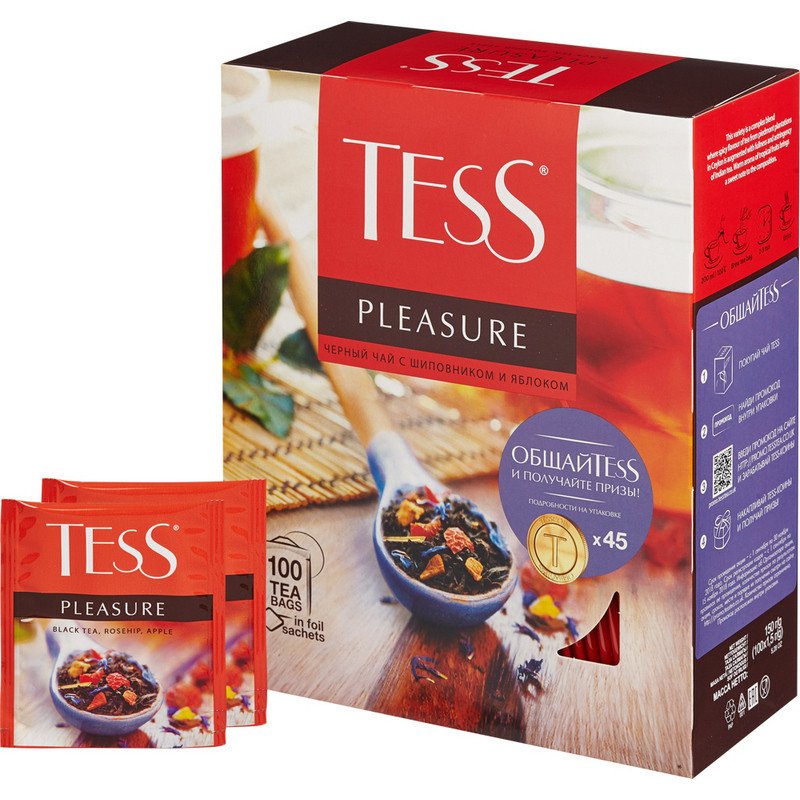 Чай TESS «Pleasure», черный с шиповником и яблоком, 100 пакетиков по 1.5 г