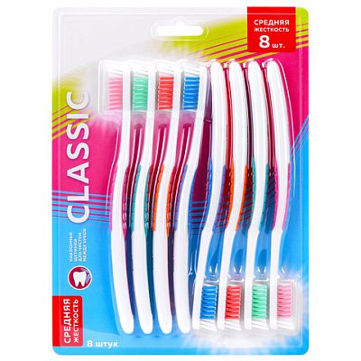 Зубная щетка средней жесткости CLASSIC, КОМПЛЕКТ 8 шт., LAIMA DENT