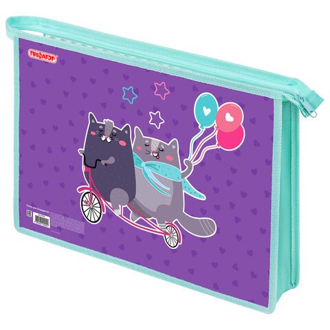 Папка для тетрадей ПИФАГОР А4, 1 отделение, картон/пластик, на молнии, «Bike cats»