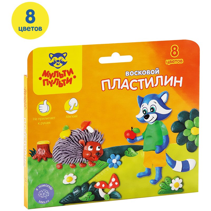 Пластилин Мульти-Пульти «Енот в лесу», 08 цветов, 120г, восковой, со стеком, картон, европодвес