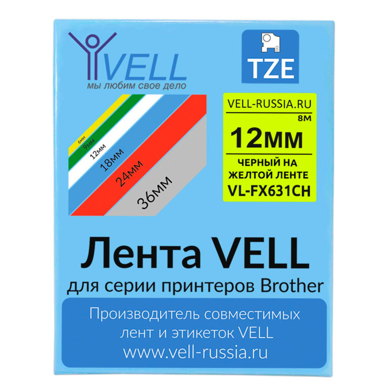 Картридж Vell VL-FX631CH(с чипом,12мм, черный/желтом)для PT-100E/100ECH/D200