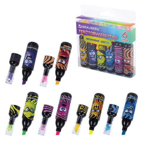 превью Набор текстовыделителей 6 НЕОНОВЫХ ЦВЕТОВ, кросс-серия МОНСТРИКИ, линия 1-5 мм, BRAUBERG