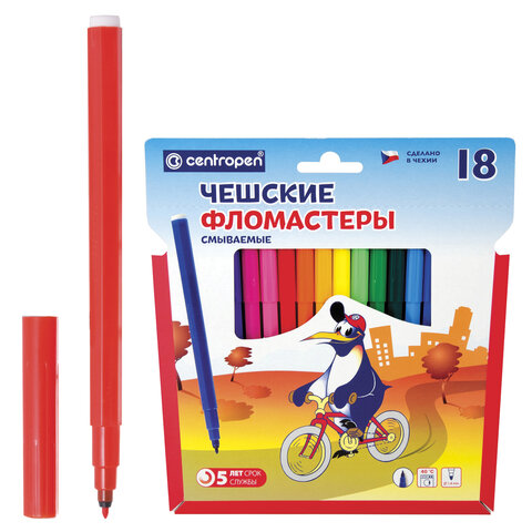 Фломастеры CENTROPEN, 18 цветов, «Пингвины», смываемые, вентилируемый колпачок, полибег