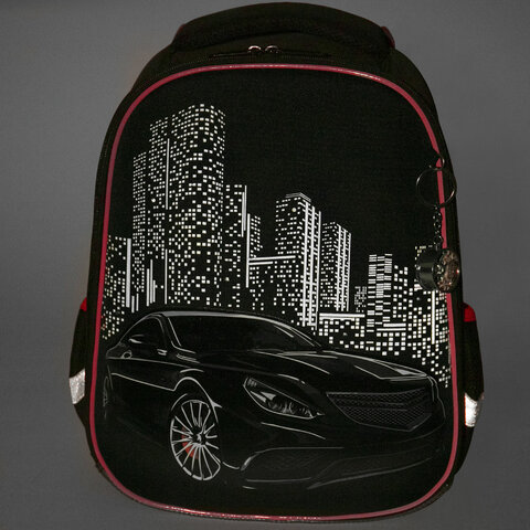 Ранец BRAUBERG PREMIUM, 2 отделения, с брелком, «City car», LED ЛАМПОЧКИ, 38×29х16 см