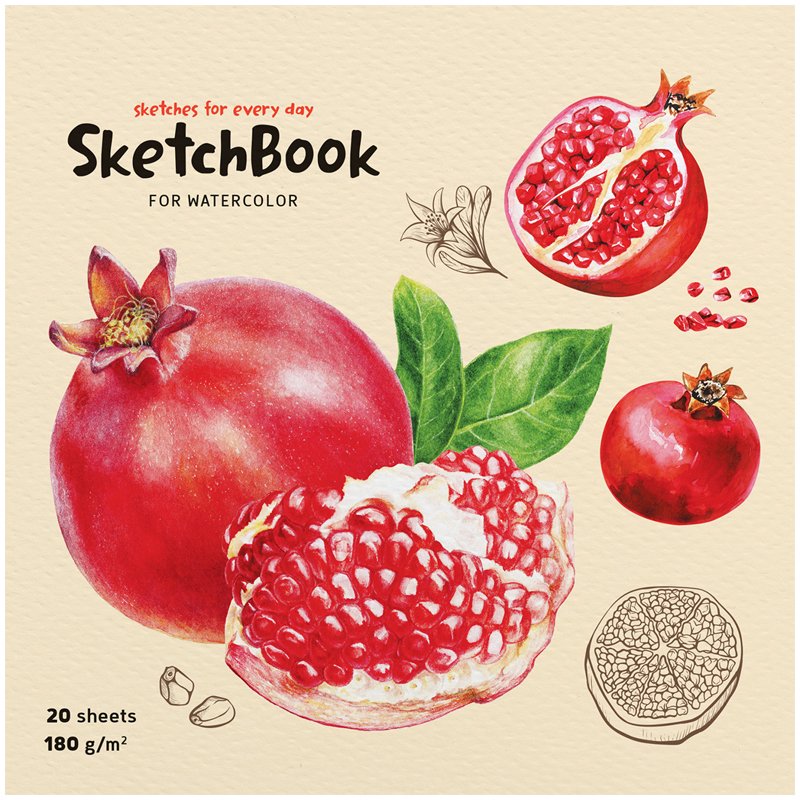 Скетчбук для акварели 20л. 190×190 на склейке ArtSpace «Fruits», 180г/м2