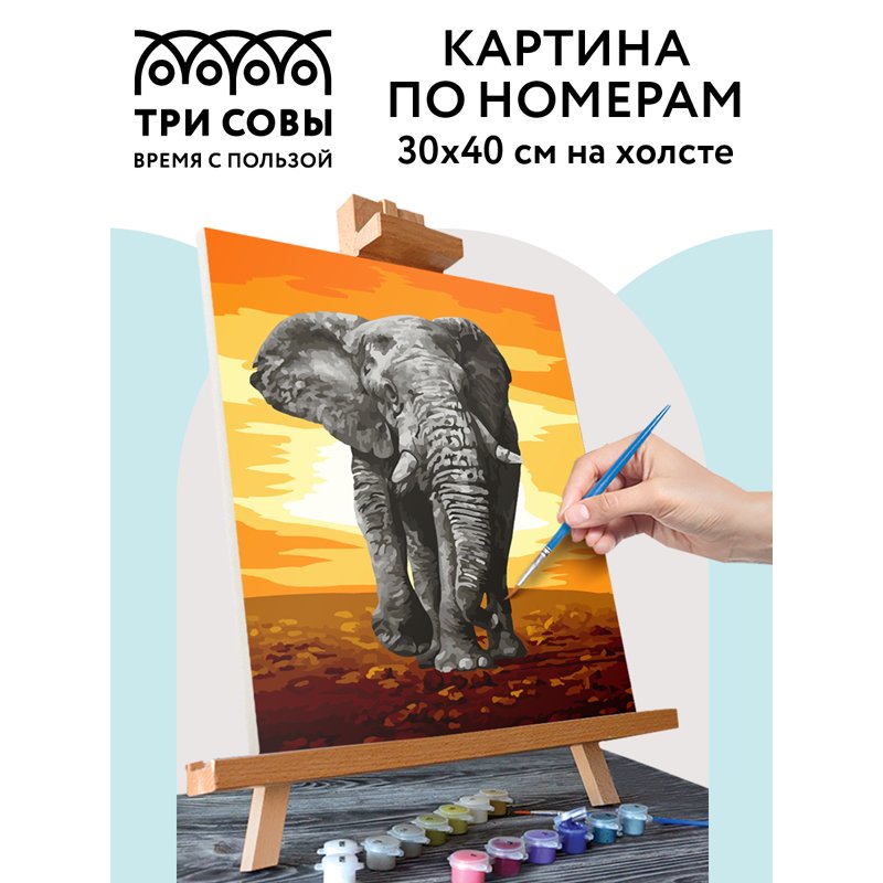 Картина по номерам на холсте ТРИ СОВЫ «Слон», 30×40, с акриловыми красками и кистями