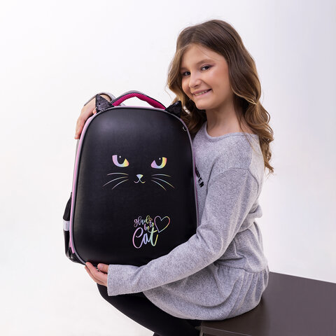 Ранец BRAUBERG SHINY, 2 отделения, с брелоком, «Glad to be cat», 38×28х14 см