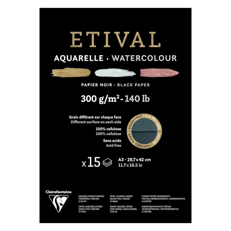 превью Альбом для акварели 15л., А3, на склейке Clairefontaine «Etival», 300г/м2, торшон, холод. пресс., черн. 