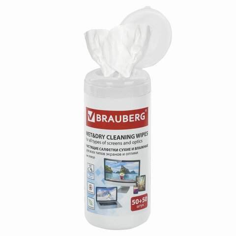 Чистящие салфетки BRAUBERG для LCD (ЖК)-мониторов, сухие и влажные в тубе, 50+50 шт. 