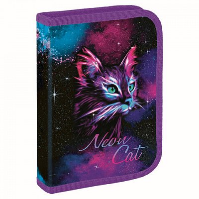 Пенал BRAUBERG с наполнением, 1 отделение, 1 откидная планка, 24 предмета, 21×14 см, «Neon cat»