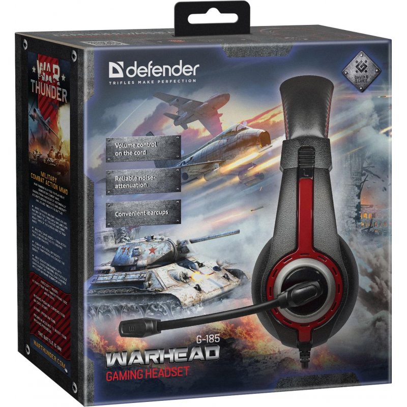 Наушники с микрофоном (гарнитура) DEFENDER Warhead G-185, проводные, 2 м, стерео, чёрно-красные