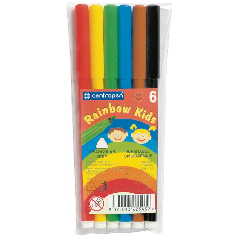 Фломастеры CENTROPEN «Rainbow Kids», 6 цветов, смываемые, эргономичные, вентилируемый колпачок