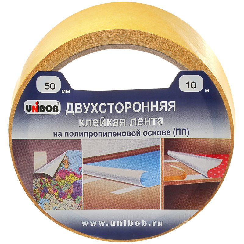 Клейкая лента двухсторонняя, 50 мм х 10 м, UNIBOB, основа - полипропилен, упаковка с европодвесом