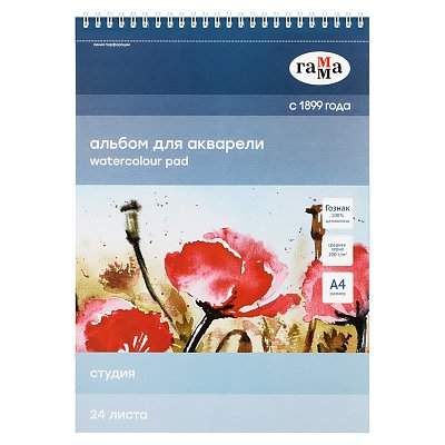 Альбом для акварели 24л., А4, на спирали Гамма «Студия», 200г/м2, среднее зерно, перфорация на отрыв