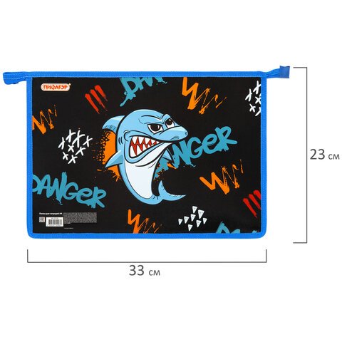 Папка для тетрадей ПИФАГОР А4, 1 отделение, картон/пластик, на молнии, «Angry shark»
