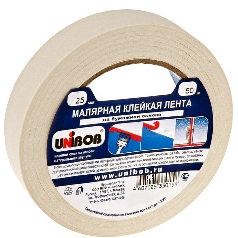 превью Клейкая лента малярная Unibob белая 25 мм х 50 м (бумажная, легкоудаляемая)