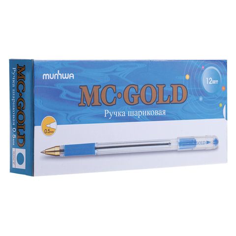 Ручка шариковая масляная с грипом MUNHWA «MC Gold», ГОЛУБАЯ, корпус прозрачный, узел 0.5 мм, линия письма 0.3 мм