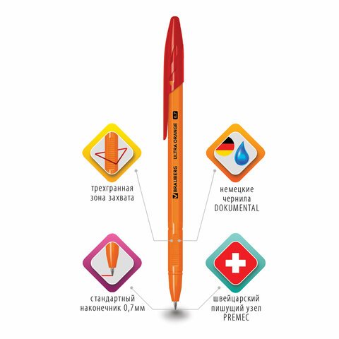 Ручка шариковая BRAUBERG «ULTRA ORANGE», КРАСНАЯ, узел 0.7 мм, чернила ГЕРМАНИЯ, наконечник ШВЕЙЦАРИЯ