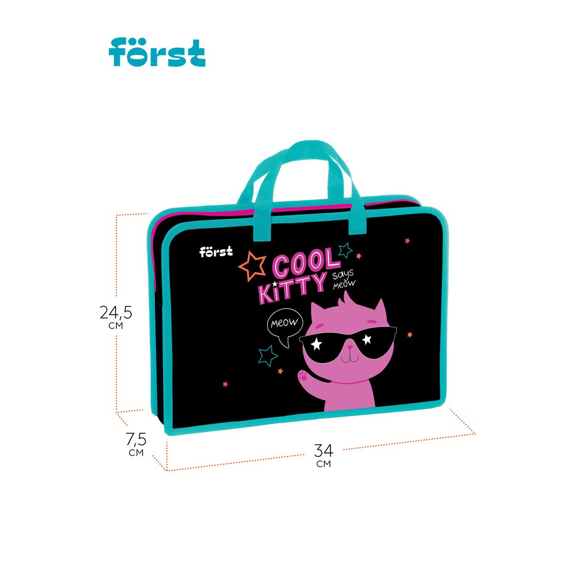 Папка с ручками 1 отделение, А4 Först «Cool kitty», 340×245×75мм, пластик, на молнии